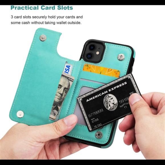 iPhone 11 Case Wallet with Card Holder, Embossed Butterfly, 6.1 inch, Green - Picture 3 of 6